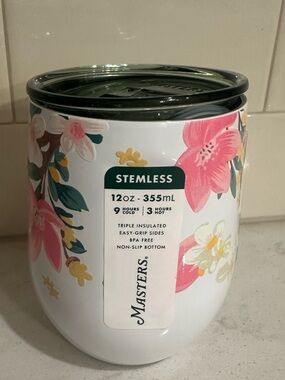 Masters White Floral Stemless Insulated Tumbler with Pink Accents